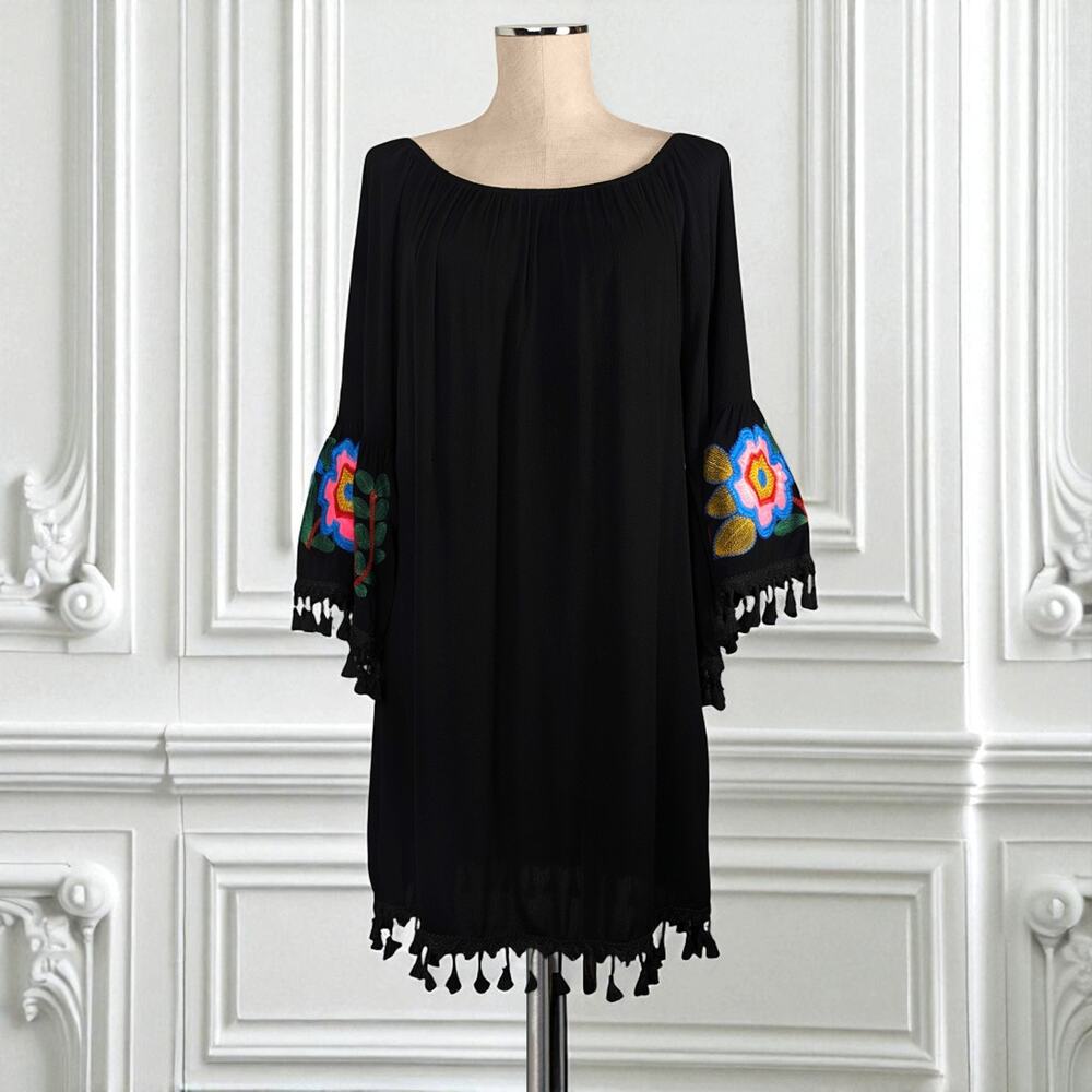 VELZERA Embroidered Bird Flare Sleeve Dress Tunic M